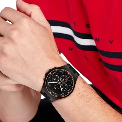 Tommy Hilfiger Justin Black Dial Black Rubber Strap Watch For Men